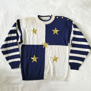 Vtg 80s Womens S Crewneck Sweater Navy White Gold Stars Stripes American Wool